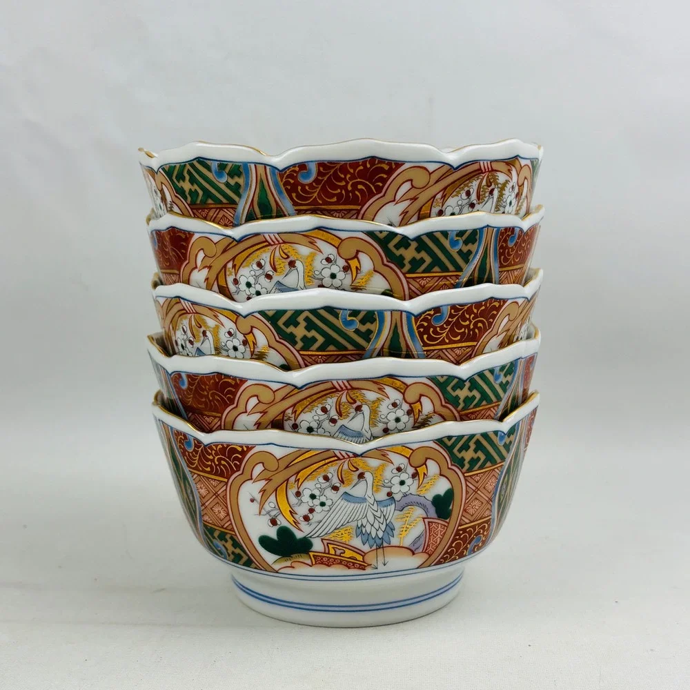 Andrea by Sadek Stork & Blossom Scalloped Bowl Set of 5 Imari Japanese Porcelain